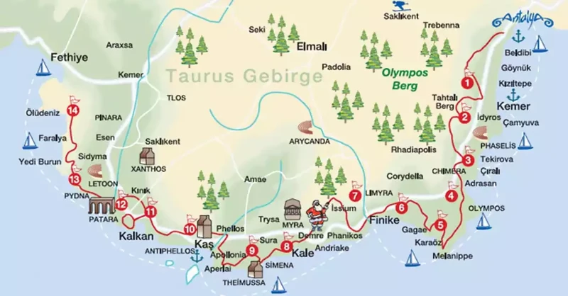 Likya yolu haritasi guzergahi