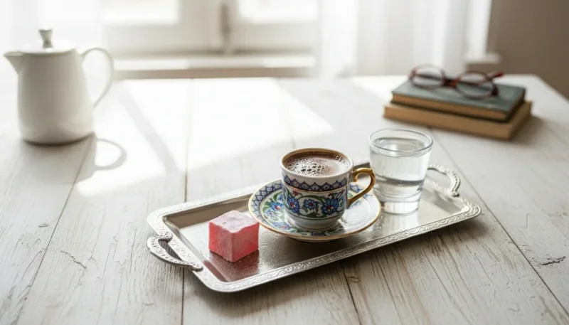 Traditional turkish coffee service with water and delight