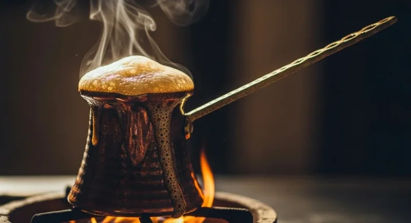 Turkish coffee foam rising in cezve