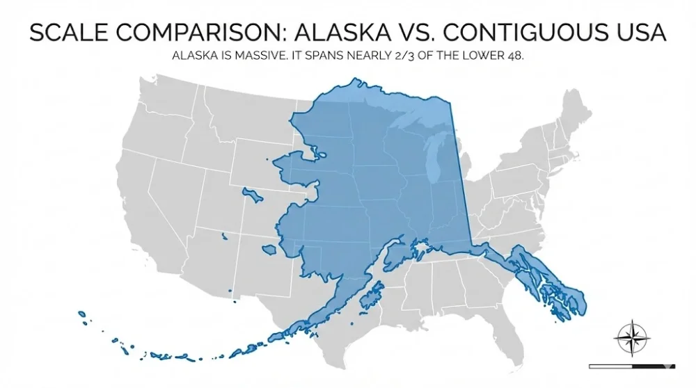 Infographic style map comparison alaska superimposed