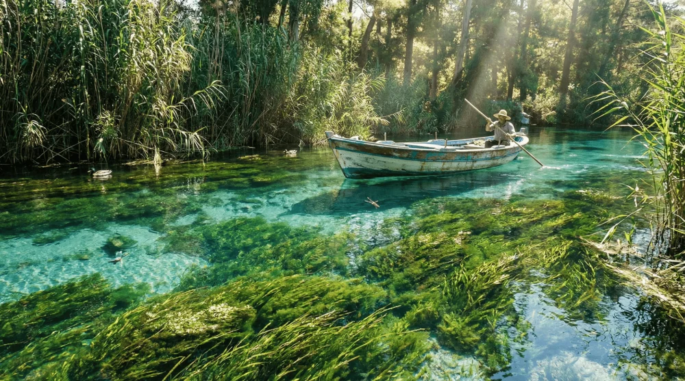 Akyaka Azmak Nehri &uuml;zerinde s&uuml;z&uuml;len tekne ve berrak suyun altındaki canlı bitki &ouml;rt&uuml;s&uuml;