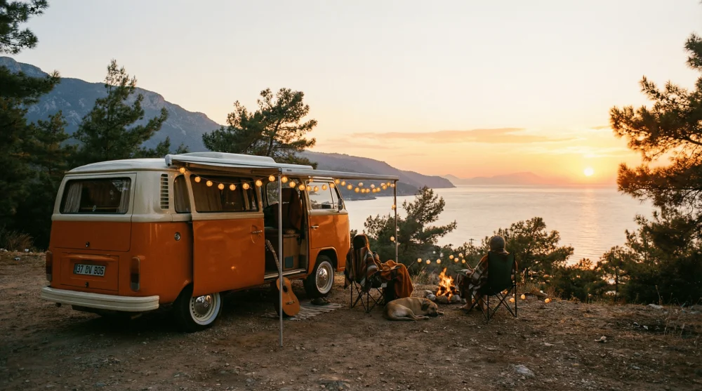 Akyaka sahil şeridinde park etmiş vintage karavan, tente altında ışıklandırma ve g&uuml;n batımı