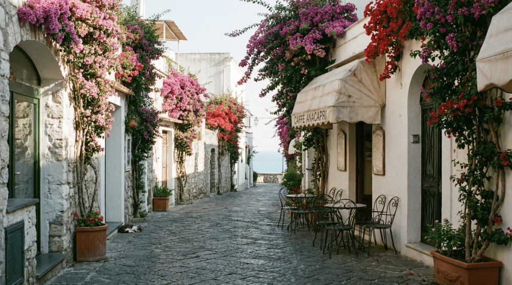 A peaceful, narrow street in Anacapri lined with flowers and white houses, contrasting with the busy main town