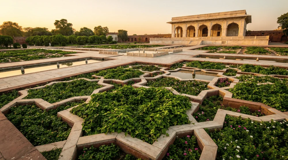 Geometric green gardens of Anguri Bagh with the white Khas Mahal in the background