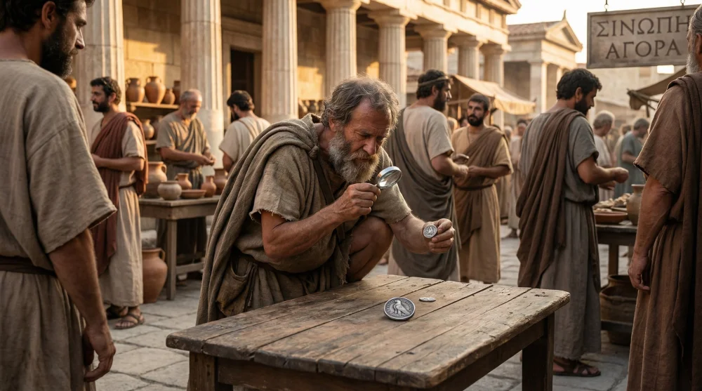 Antik dönemde Sinop'ta basılan paralar ve bunları inceleyen Diyojen illüstrasyonu