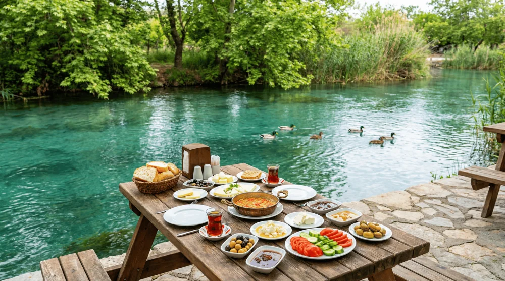 Azmak Nehri kenarında ahşap masa &uuml;zerinde zengin serpme kahvaltı ve suda y&uuml;zen &ouml;rdekler