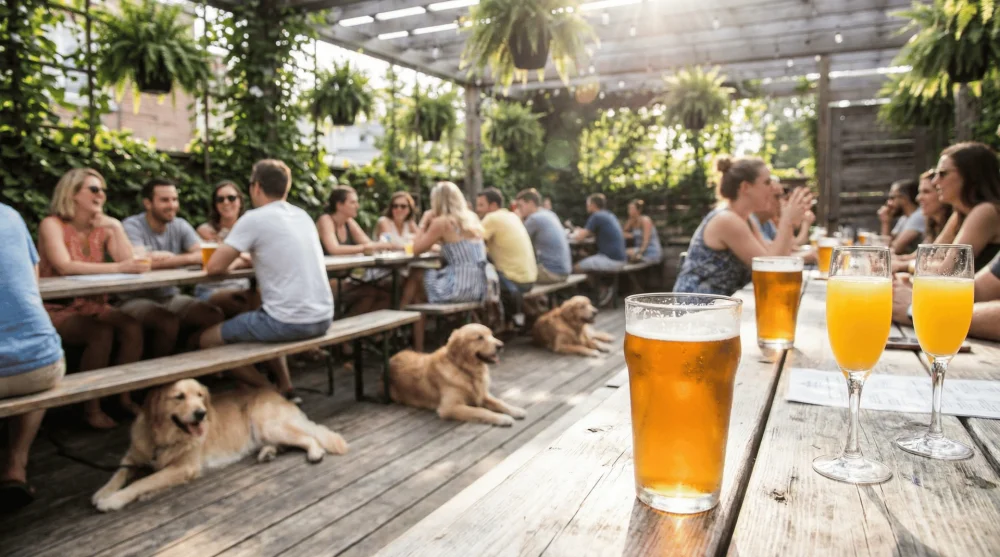 People and dogs relaxing at communal outdoor tables at Banger's Sausage House & Beer Garden during the day.