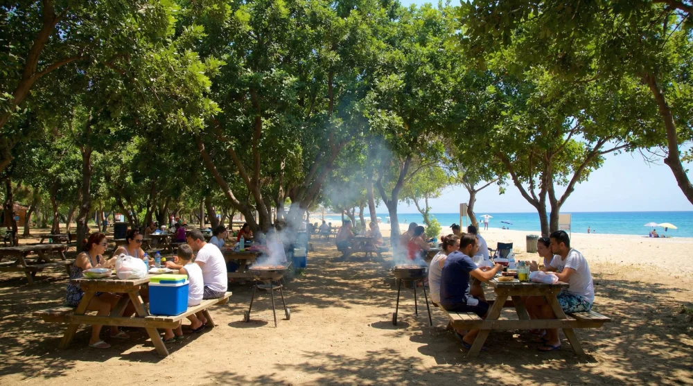 Burnaz Plajı ağaçlık piknik alanında mangal yakan ve semaver çayı içen aileler