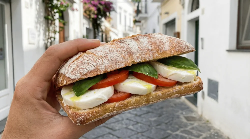 Fresh Panino Caprese sandwich with mozzarella and tomatoes, a popular budget street food option in Capri