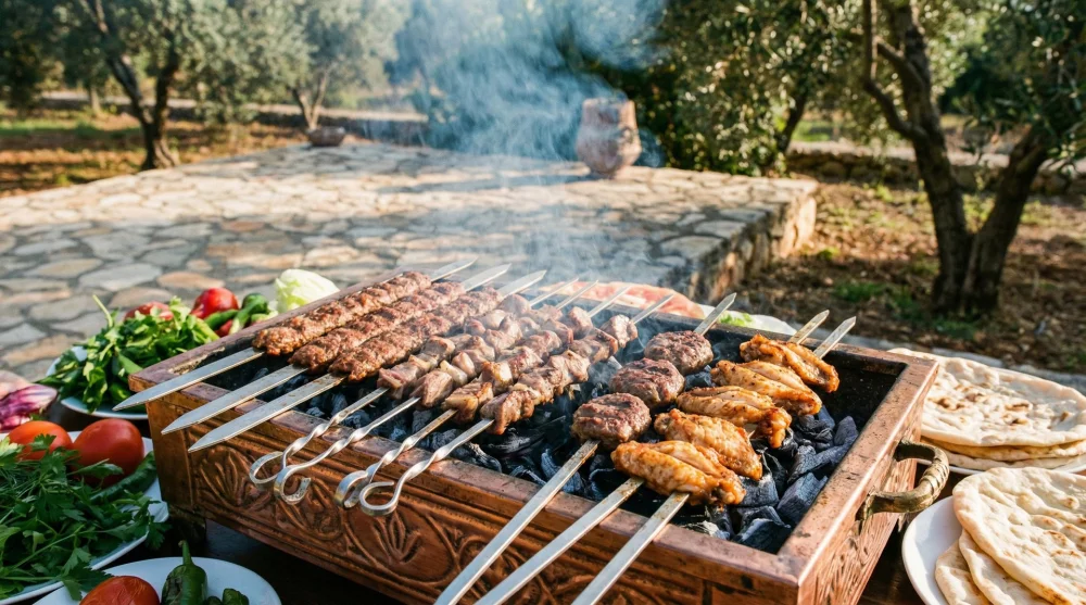 &Ccedil;atalca'da piknik alanında yanan mangal &uuml;zerinde pişen taze etler ve k&ouml;fteler