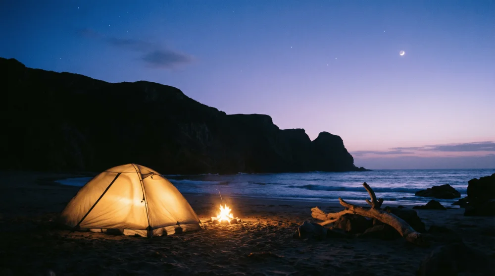 Kleopatra Koyu'nda g&uuml;n batımında kurulmuş bir kamp &ccedil;adırı ve sakin doğa