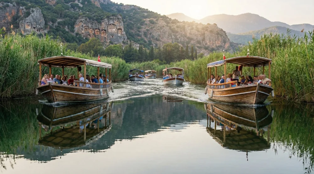 Dalyan deltası sazlıkları arasında ilerleyen gezi tekneleri ve doğal kanal manzarası
