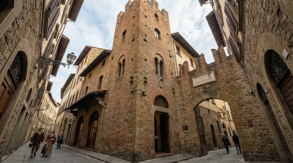 Floransa'da tuğla &ouml;r&uuml;l&uuml; Orta &Ccedil;ağ mimarisine sahip Dante Evi M&uuml;zesi dış cephesi ve dar sokak