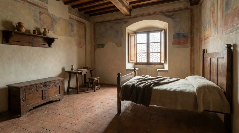 Dante Evi M&uuml;zesi ikinci katında bulunan ahşap ağırlıklı temsili yatak odası dekorasyonu