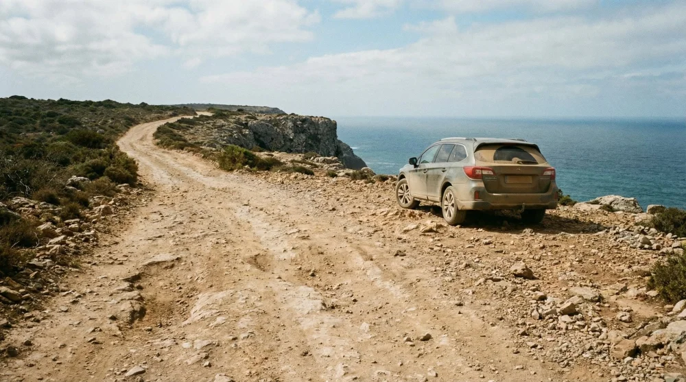 Delikli Koy'a inen bozuk toprak yol ve park edilmiş ara&ccedil;lar