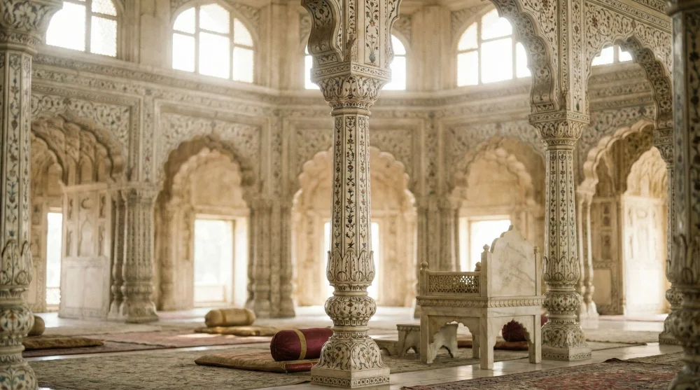 White marble pillars with floral stone inlays inside the Diwan-i-Khas