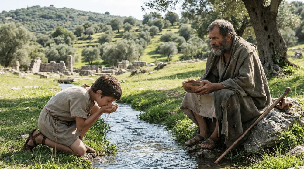 Diyojen'in dereden avcuyla su içen çocuğu izlediği ve çanağını attığı an