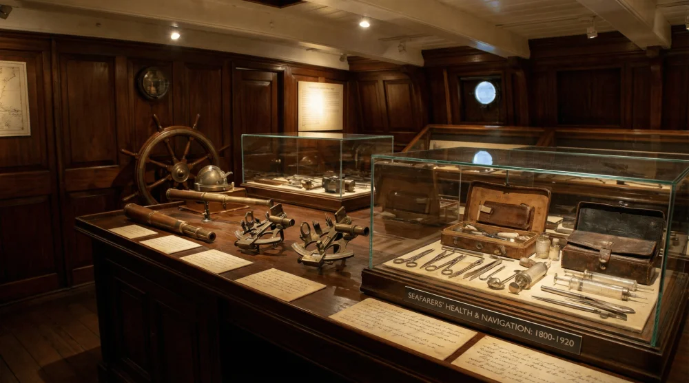 Müze gemide sergilenen antika tıbbi aletler, neta cihazları ve denizcilik ekipmanları koleksiyonu