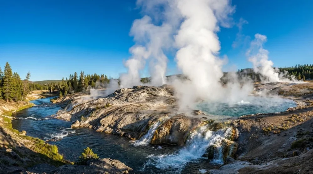 Excelsior geyser crater steam eruption