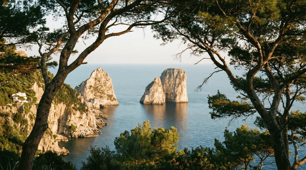 The iconic Faraglioni rock formations seen from the free viewpoint on Via Tragara