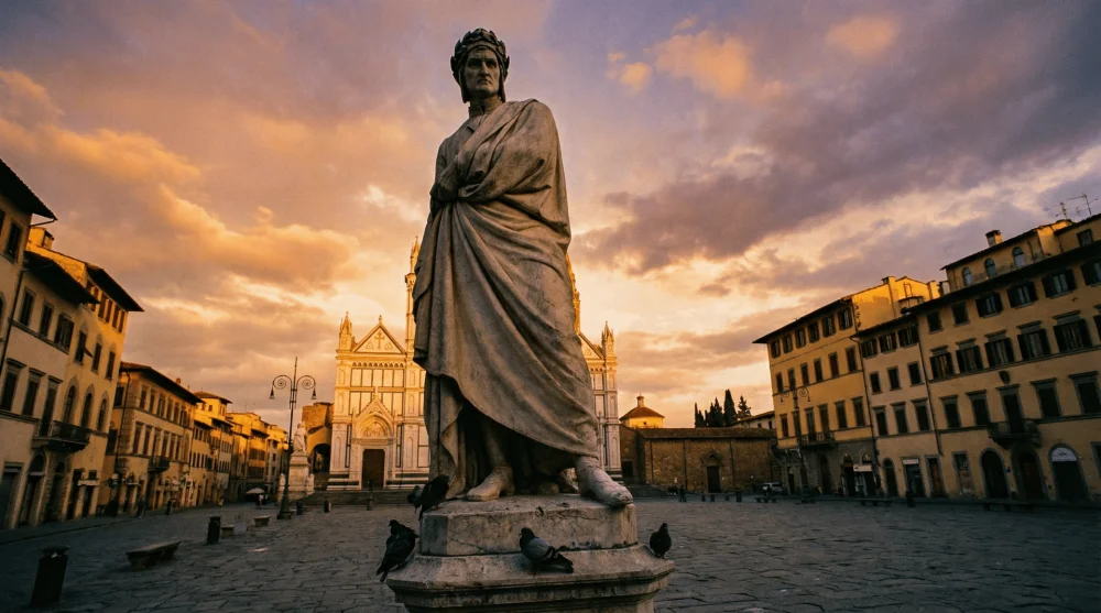 Floransa'nın tarihi dokusu i&ccedil;inde Dante Alighieri heykeli ve d&uuml;ş&uuml;nceli duruşu