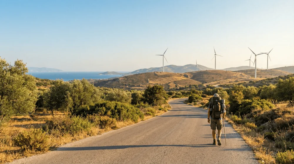Fo&ccedil;a yolunda r&uuml;zgar g&uuml;lleri manzarası ve y&uuml;r&uuml;yen sırt &ccedil;antalı gezgin