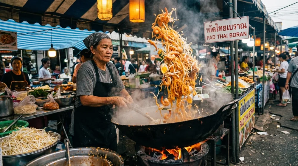 Fresh pad thai cooking large wok