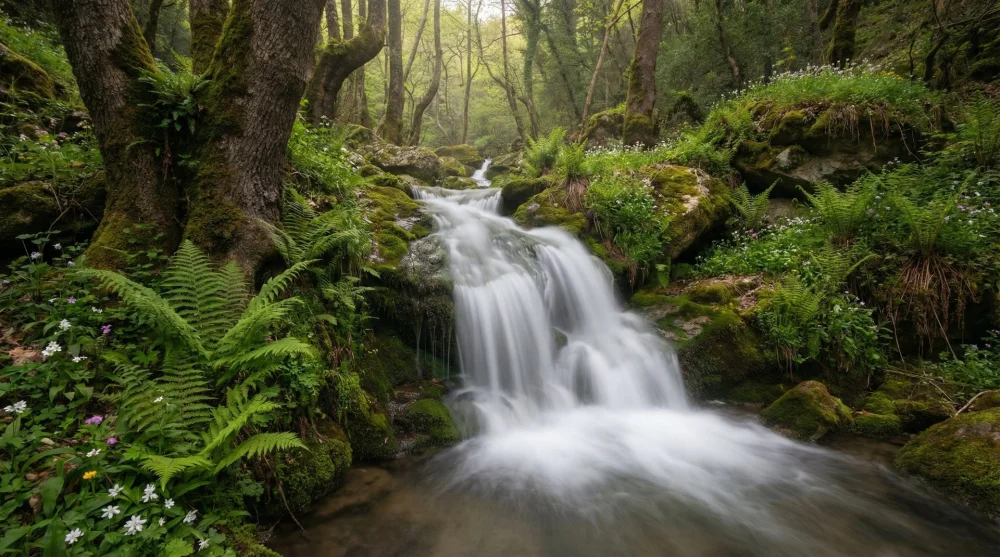 İlkbahar aylarında g&uuml;r&uuml;l g&uuml;r&uuml;l akan Hacıllı Şelalesi ve yosunlu kayalar