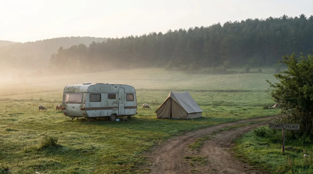 İhsaniye K&ouml;y&uuml; piknik alanında orman kenarına park etmiş bir karavan ve kamp &ccedil;adırı
