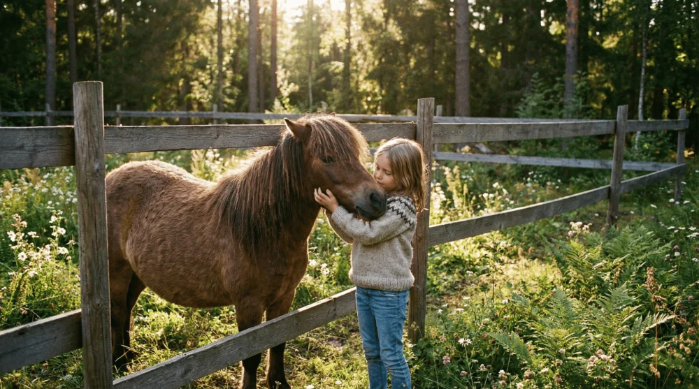Park i&ccedil;indeki manej alanında ata binen &ccedil;ocuk ve ona eşlik eden eğitmen