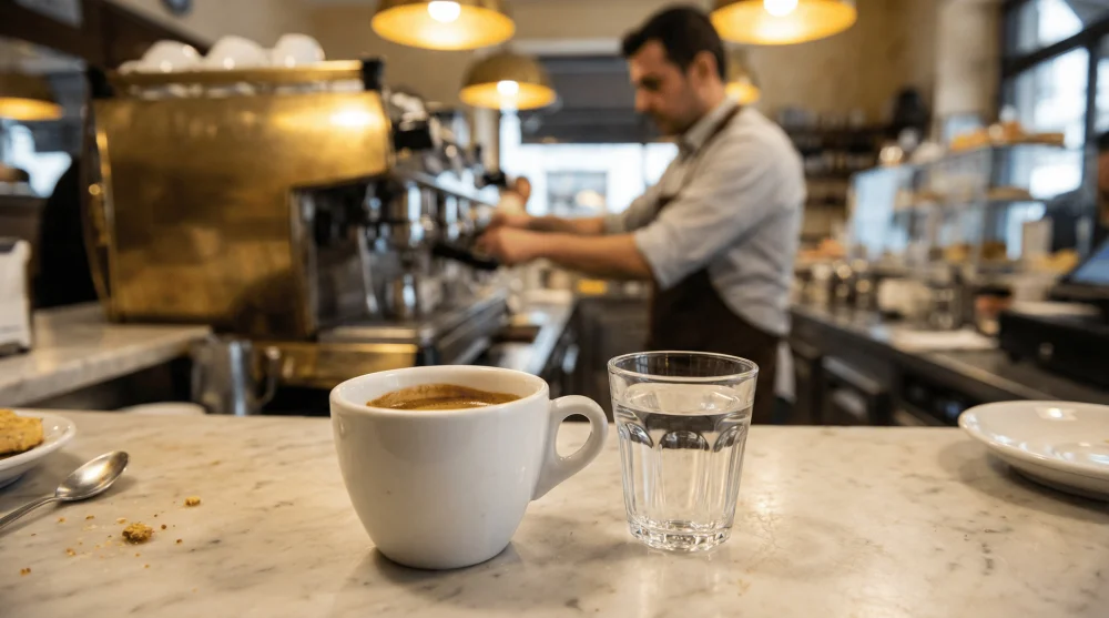 Freshly brewed espresso served at the counter in a traditional Italian bar in Capri