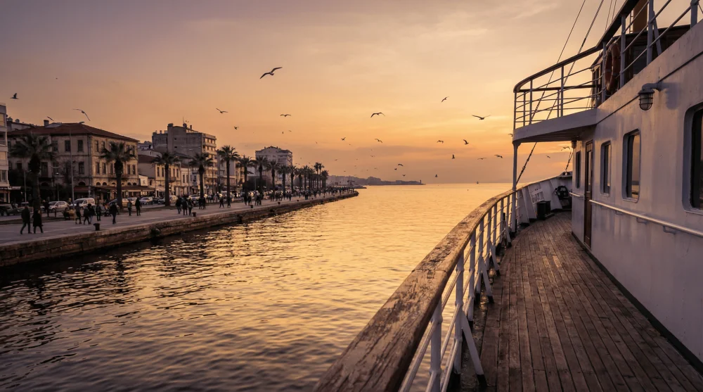 Gün batımında gemi güvertesinden görünen uçan martılar ve panoramik İzmir denizi manzarası