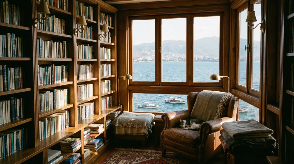 Deniz manzaralı pencere kenarında ahşap kitaplıklar ve huzurlu bir okuma alanı sunan yüzen kütüphane