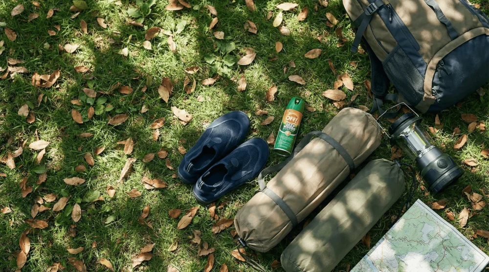 Hacıllı kampı i&ccedil;in gerekli deniz ayakkabısı ve sinek kovucu sprey