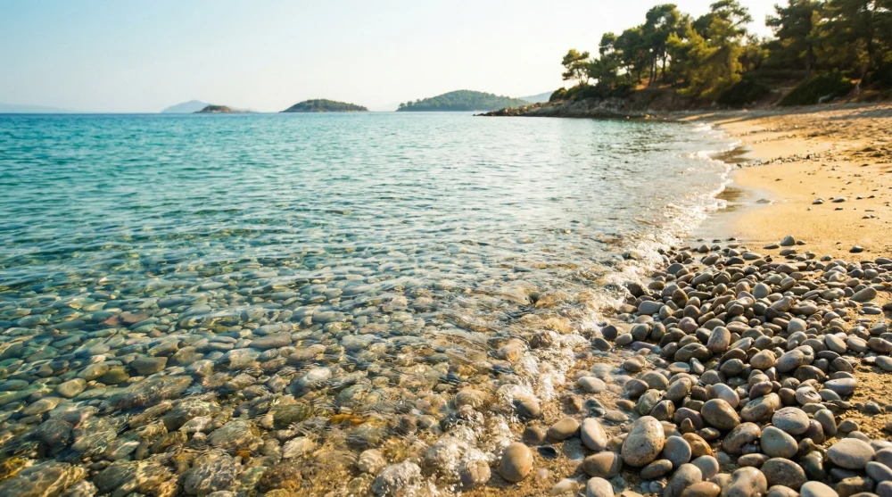 Kargacık Koyu'nun berrak denizi ve kum &ccedil;akıl karışık plaj yapısı