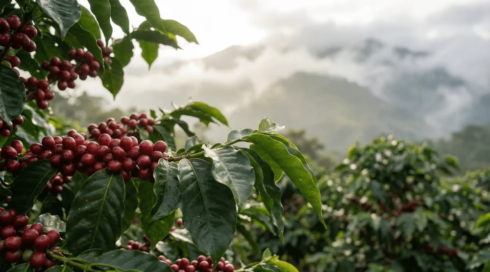 Close-up of ripe red coffee cherries on a branch at a Kona coffee farm in Holualoa