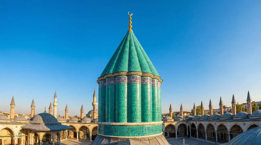 Konya Mevlana Müzesi'nin simgesi olan turkuaz renkli Kubbe-i Hadra ve müze genel görünümü