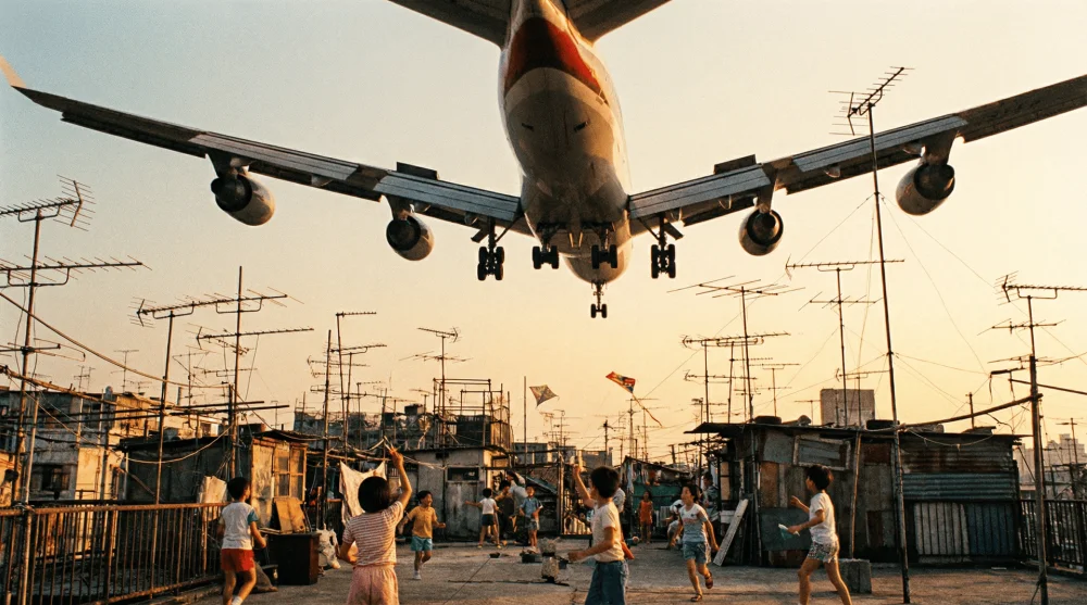 Airplane landing at Kai Tak Airport flying low over Kowloon Walled City rooftop