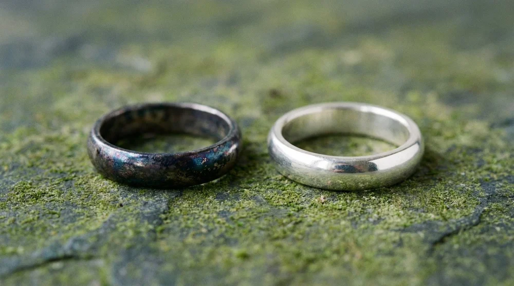 K&uuml;k&uuml;rtl&uuml; su nedeniyle kararmış g&uuml;m&uuml;ş y&uuml;z&uuml;k ile normal g&uuml;m&uuml;ş&uuml;n karşılaştırması