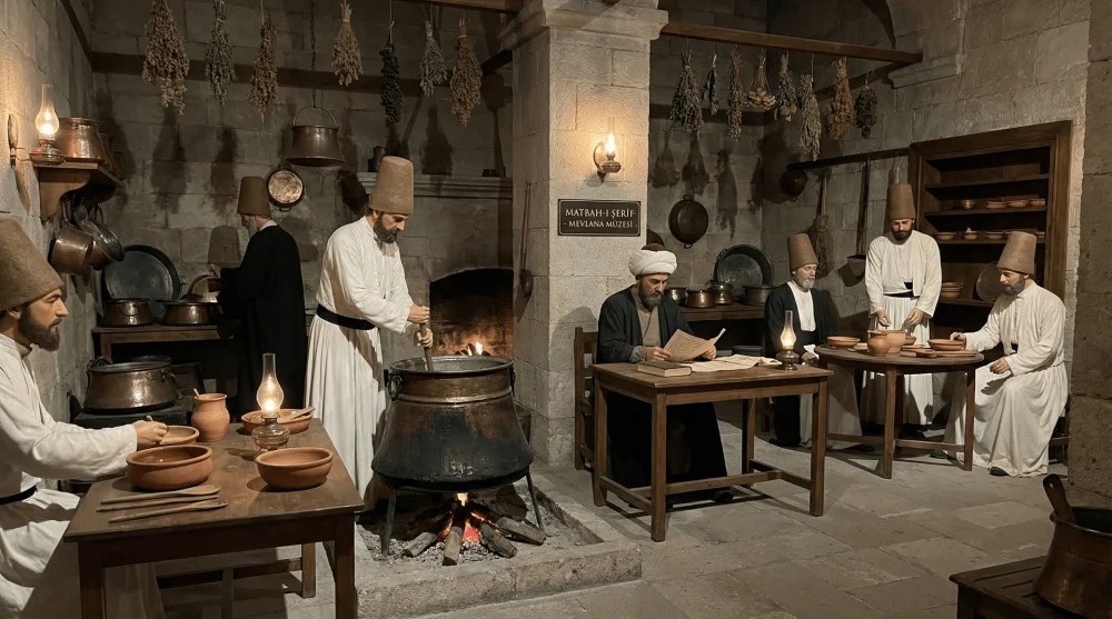 Mevlana Müzesi mutfak bölümü Matbah-ı Şerif ve derviş eğitimini canlandıran balmumu heykeller
