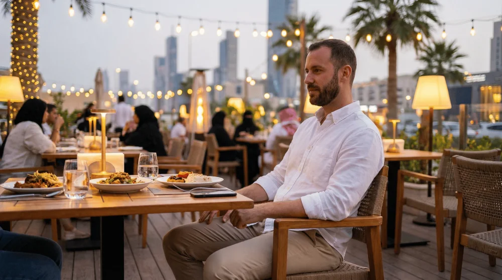 Man wearing smart casual chinos and shirt at a restaurant in Riyadh