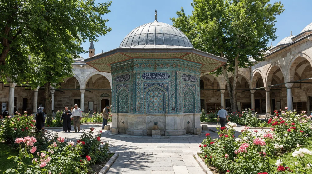 Mevlana Müzesi avlusunda yer alan Yavuz Sultan Selim dönemi şadırvanı ve gül bahçesi