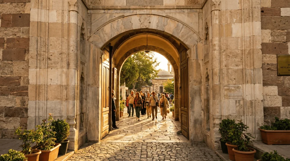 Mevlana Müzesi Dervişan Kapısı girişi ve müzeyi ziyaret eden turistler