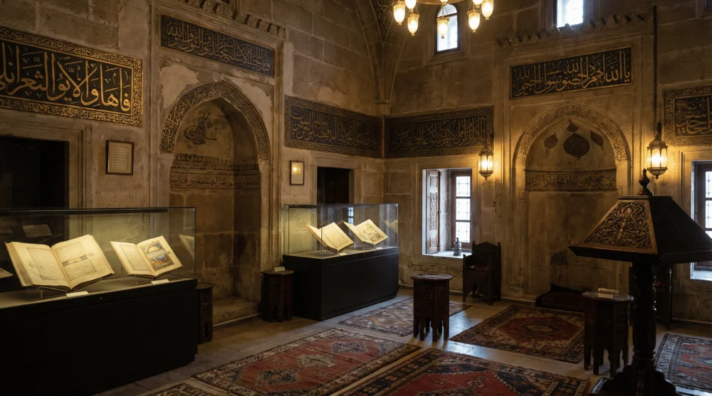 Mevlana Müzesi Tilavet Odası içinde sergilenen Osmanlı hat sanatı örnekleri ve el yazması eserler