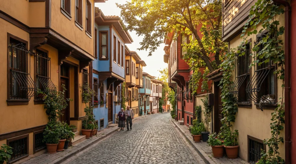 Eskişehir Odunpazarı ilçesindeki rengarenk cumbalı tarihi Osmanlı evleri ve taş sokaklar