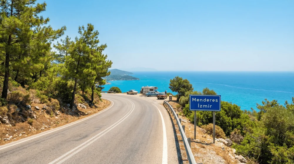 İzmir Menderes G&uuml;m&uuml;ld&uuml;r ve &Ouml;zdere arasındaki ağa&ccedil;lı sahil yolu ve ulaşım g&uuml;zergahı