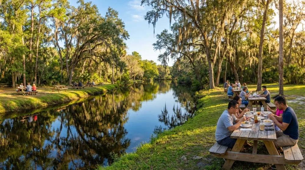 Picnic area palm river view
