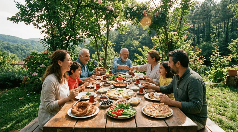 Polonezk&ouml;y'de doğa i&ccedil;inde servis edilen zengin serpme k&ouml;y kahvaltısı masası