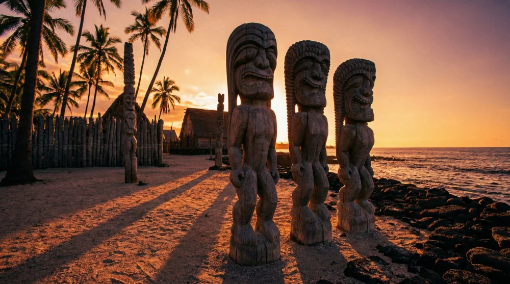 Wooden Ki'i statues standing at sunset in Puʻuhonua o Hōnaunau National Historical Park