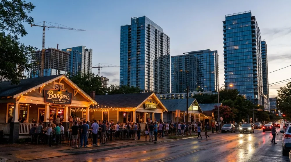 Historic bungalow bars with string lights on Rainey Street contrasted against modern high-rise condos at dusk in Austin.